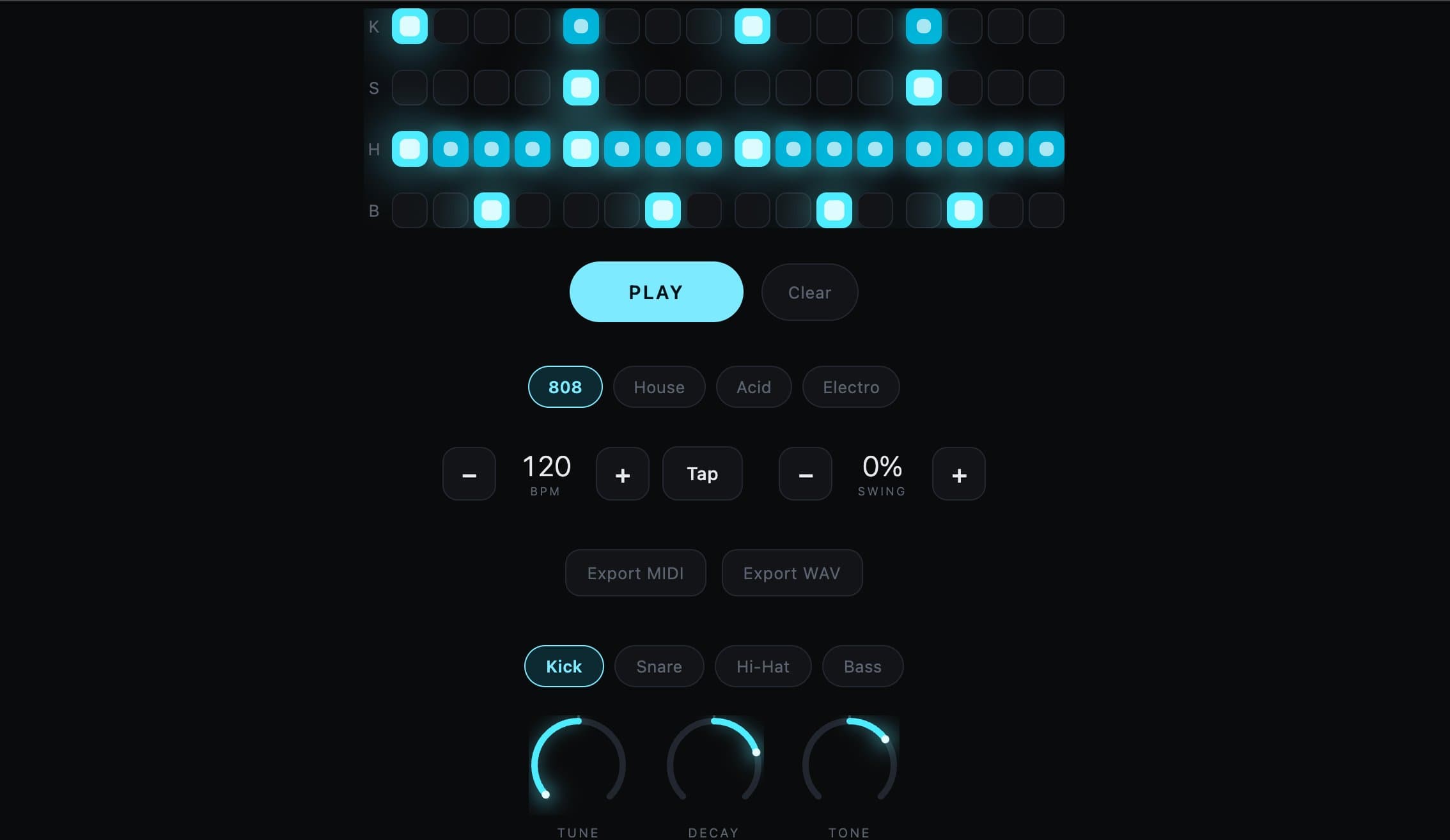 The Tap app: a glowing cyan 16-step grid across four voices (Kick, Snare, Hi-Hat, Bass), with Play, kit selection, BPM, tap tempo and swing, MIDI and WAV export, and per-voice tune, decay and tone knobs.