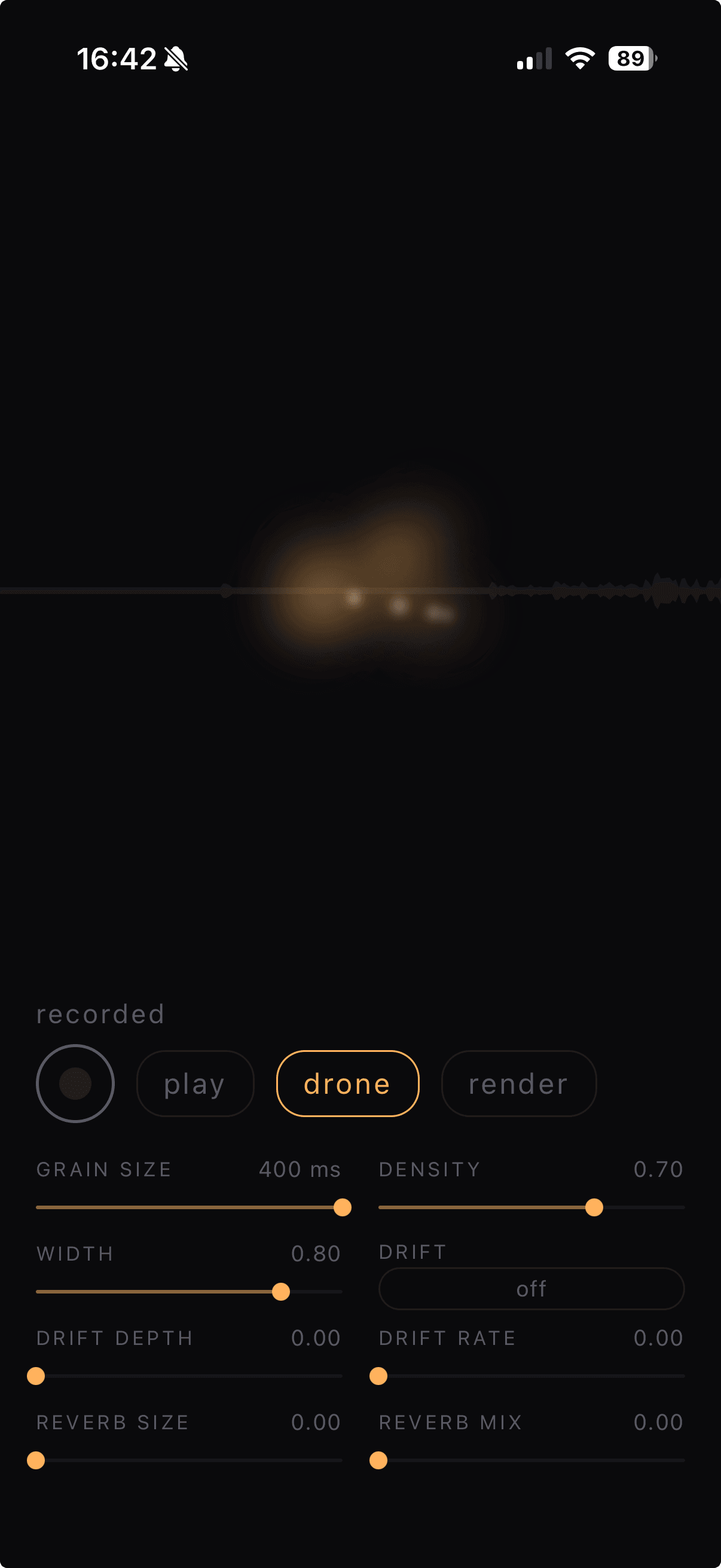 The Sam app: an amber cloud of grains blooming over a recorded waveform, with record, play, drone and render controls, grain size, density and width sliders, drift mode, and reverb.